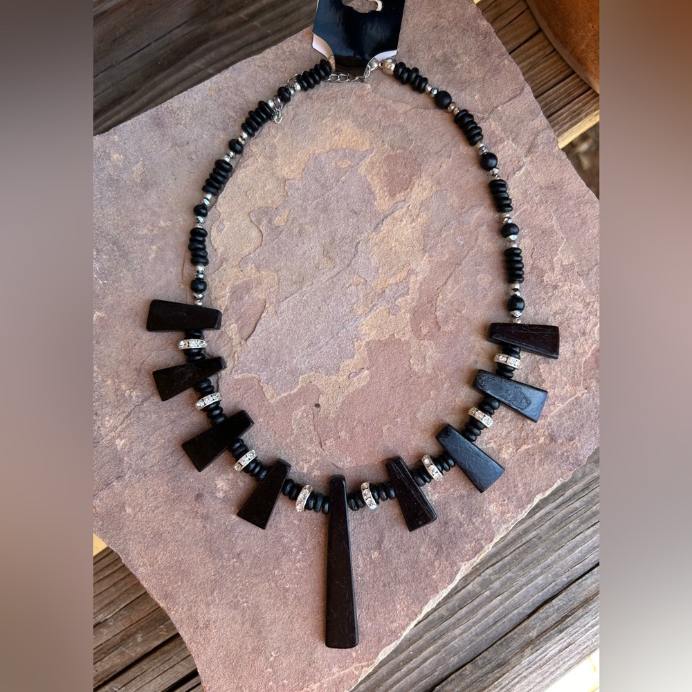 Black Wood Design Rhinestone Necklace NWT